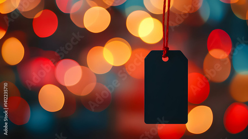 Blank gift tag hanging with colorful bokeh lights creating a festive background effect during the evening