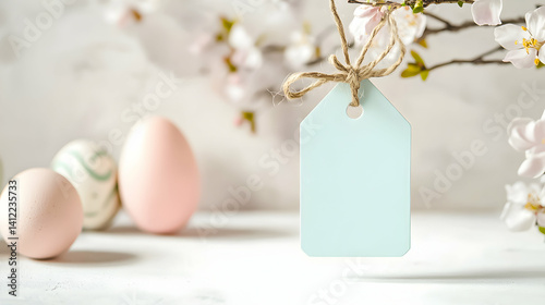 Beautiful pastel Easter eggs and a blank tag decorated with spring blossoms in a peaceful setting