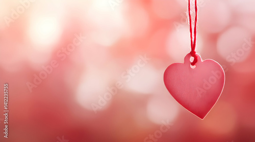 Heart-shaped tag hanging on a string with a soft pink bokeh background for romantic decorations