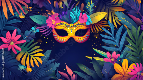 Colorful masquerade mask surrounded by vibrant tropical foliage and flowers in a festive atmosphere