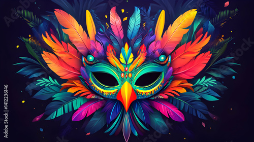 Colorful mask adorned with feathers and foliage showcases vibrant artistry in festive celebration