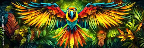 Vibrant parrot displays colorful feathers in lush tropical rainforest during bright sunlight