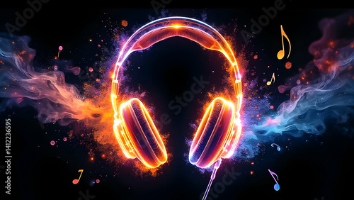 Colorful and vibrant headphones with musical notes illuminating the dark background, creating a dynamic atmosphere