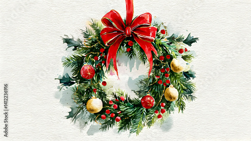 Decorative Christmas wreath with red bow and festive ornaments displayed against a light background