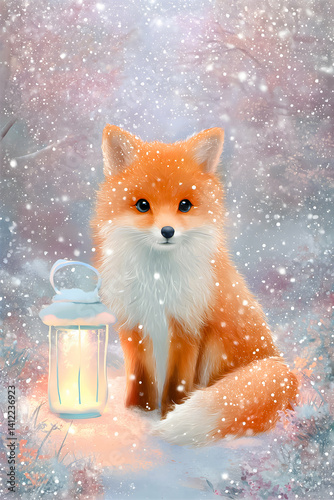 Charming red fox sitting gracefully in a snowy forest landscape with a lantern illuminating its fur