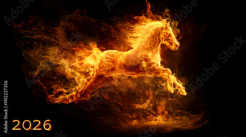 Fiery horse galloping in dynamic motion, representing energy and strength in a vibrant display of flames for 2026