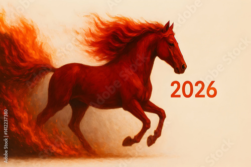Running red horse with flowing mane representing strength and vitality in 2026