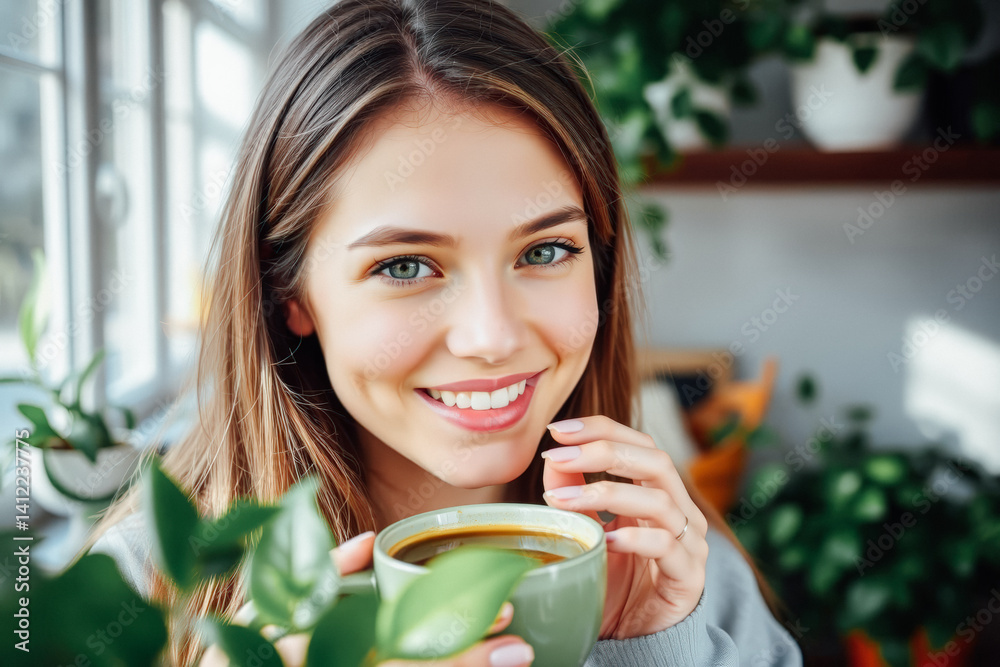 Smiling Woman Enjoying Coffee Amongst Plants