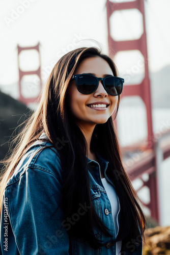 Smiling Woman in Denim Jacket by Golden Gate Bridge