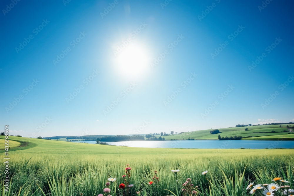 Scenic Landscape with Lake and Sunny Sky