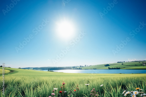 Scenic Landscape with Lake and Sunny Sky