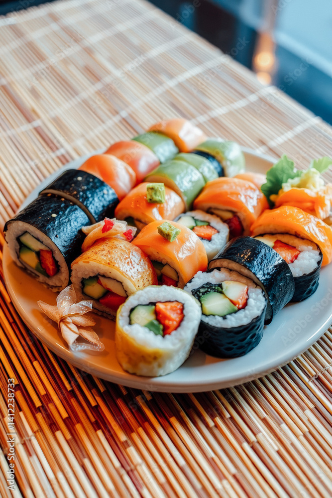 Colorful Sushi Roll Variety on Plate
