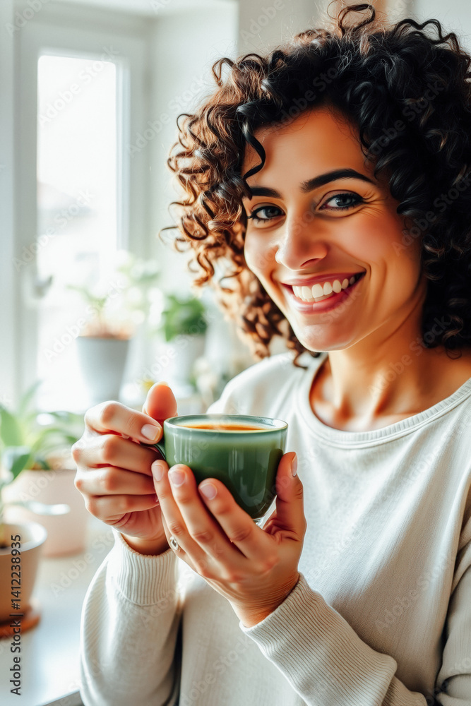 Woman with Curly Hair Enjoying Coffee at Home