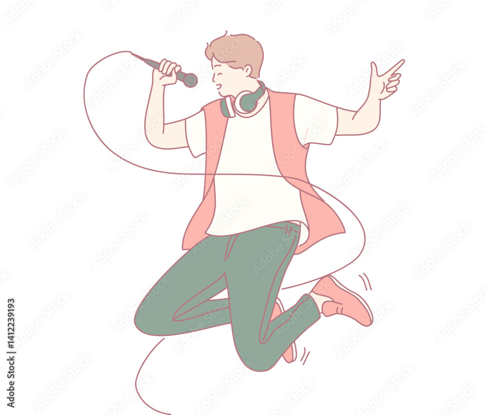 Fototapeta premium An illustrated singer is energetically performing on stage, using a microphone and wearing stylish headphones
