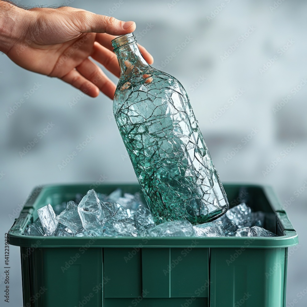Close up shot of a hand throwing a cracked glass bottle into a green recycle bin against a white background.