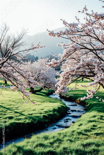 Springtime Serenity: Cherry Blossoms Beside a Stream