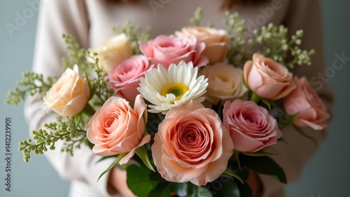 Elegant bouquet of roses and a daisy in gentle tones, held by a person in a cozy setting