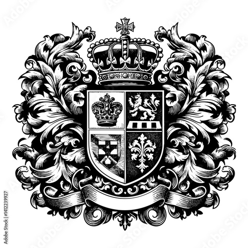 Heraldic emblem sketch engraving black and white outline. Scratch board imitation.  illustrated in vintage line art style on a white background.