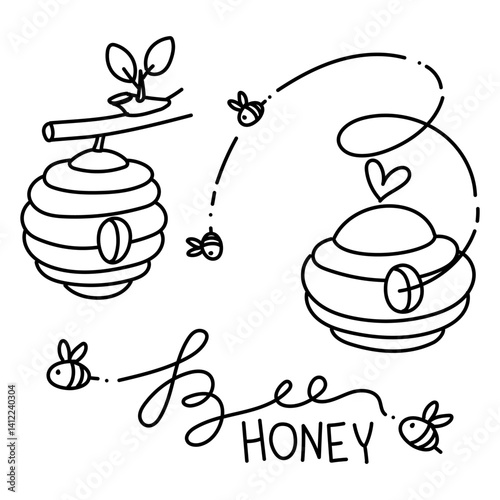 set of doodle bee hives and the inscription bee honey, bees fly. beehive with heart, the beehive on branch is highlighted in white. beehive bee flight lines. bees are domestic insects. isolated object