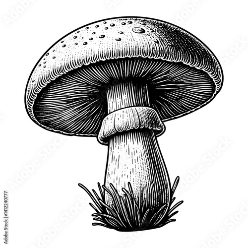 mushroom engraving black and white outline. Scratch board imitation.
