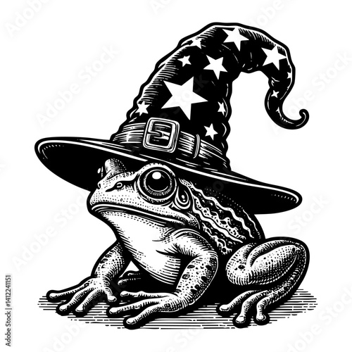 Frog wear witch hat sketch engraving black and white outline. Scratch board imitation.  illustrated in vintage line art style on a white background.
