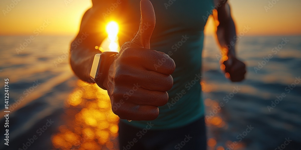 Close-up of a man in a green tank top doing a thumbs-up while running outdoors.