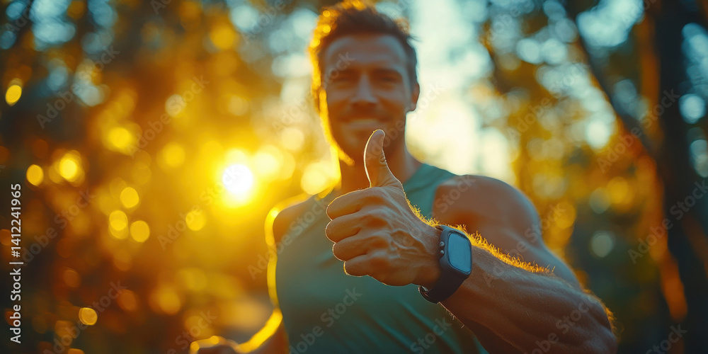 Close-up of a man in a green tank top doing a thumbs-up while running outdoors.