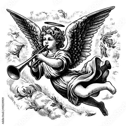 Angel flying playing trumpet sketch engraving black and white outline. Scratch board imitation.  illustrated in vintage line art style on a white background.
