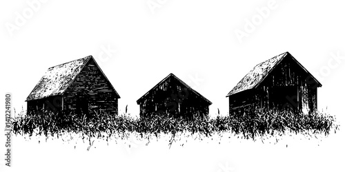 3 Pieces of Farmhouse style Corn cribs designs, Farmhouse style Corn cribs illustration art