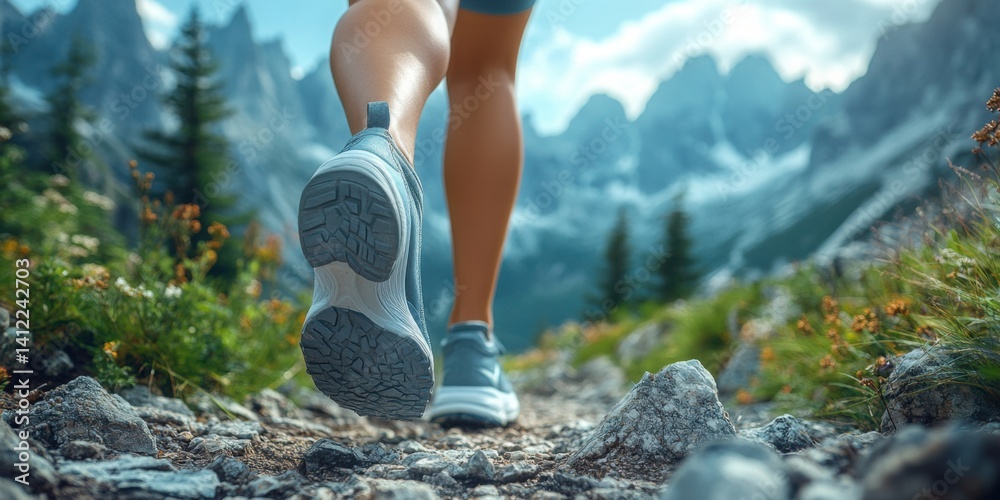 Close-up of a woman's legs in running shoes walking on a mountain trail, with a panoramic view of mountains and a natural background.