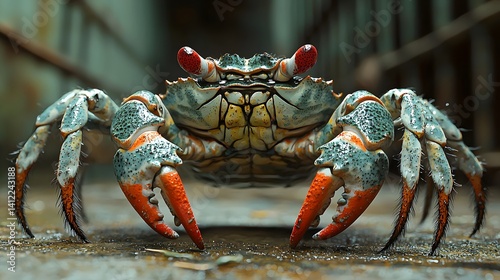 Crab in prison stripes scuttling with a stolen treasure chest