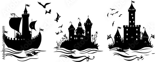 3 Pieces of Mediterranean style Fortresses designs, Mediterranean style Fortresses illustration art