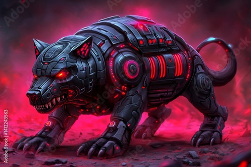A Canis (cybernetic wolf) with robotic enhancements, prowling through a neon-lit urban wasteland