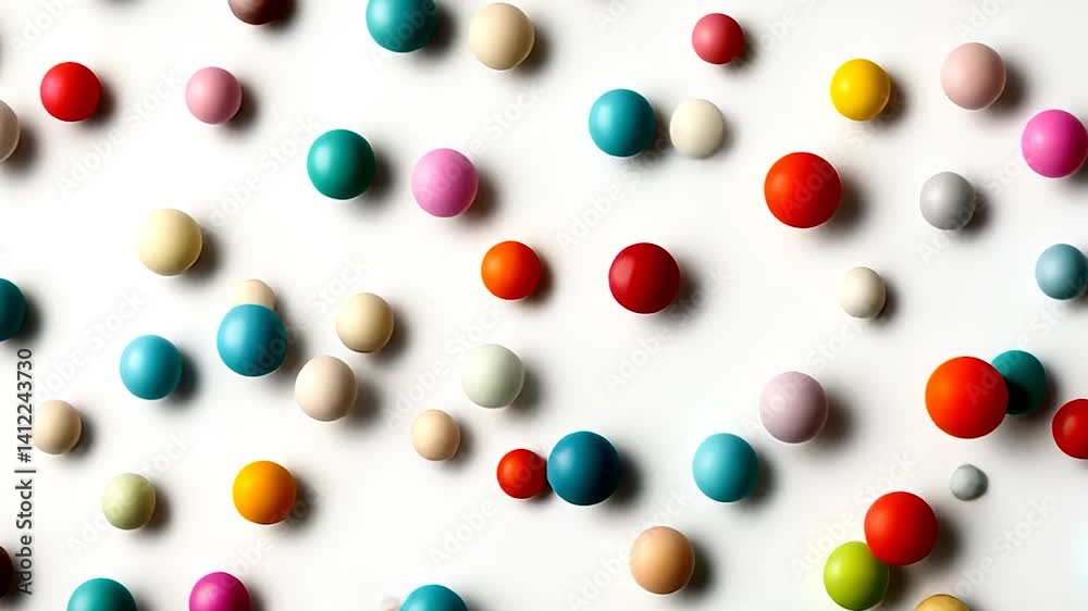 Colorful assortment of round objects scattered on a white surface, creating a vibrant visual texture