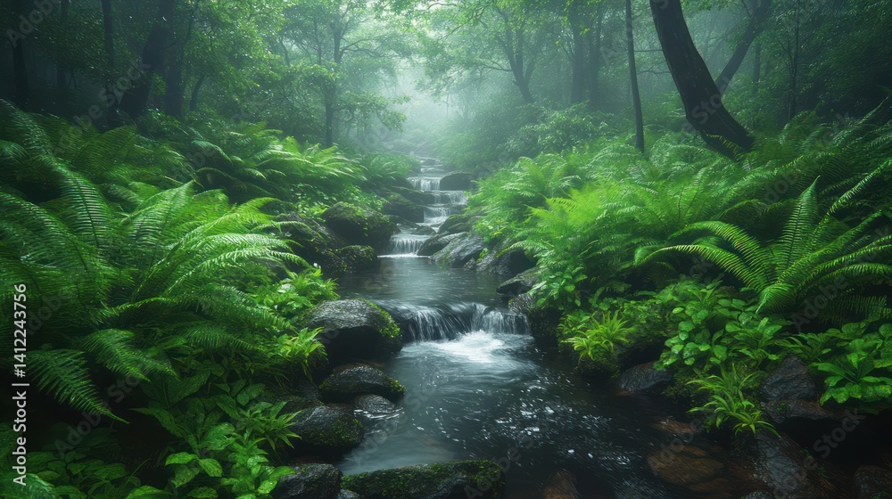 Obraz premium Lush misty forest stream