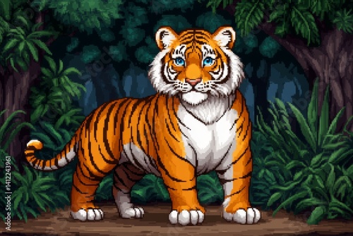 A Panthera (8-bit pixel-art tiger) prowling through a jungle, pixelated leaves swaying