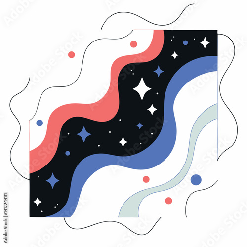 A dreamy cosmic dance of coral, navy, and starlit skies playfully framed in a whimsical, abstract design with simple lines.