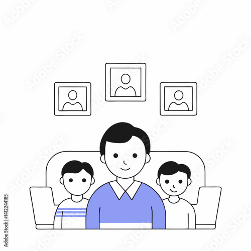 A father and his two sons relax on the couch, surrounded by family photos, feeling the warmth of home and togetherness in a simple, minimalist line art style.