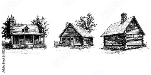 3 Pieces of Ranch style Lodges designs, Ranch style Lodges illustration art