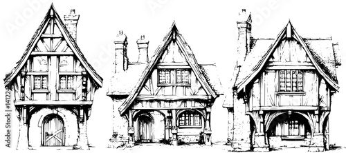 3 Pieces of Tudor style Hall houses designs, Tudor style Hall houses illustration art