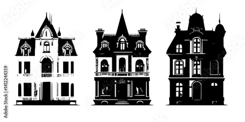 3 Pieces of Victorian style Apartment buildings designs, Victorian style Apartment buildings illustration art