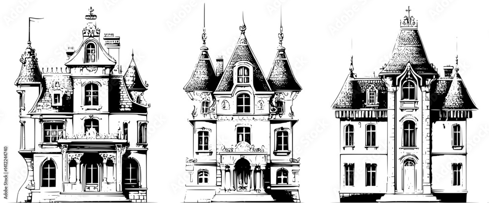 Obraz premium 3 Pieces of Victorian style Schools designs, Victorian style Schools illustration art