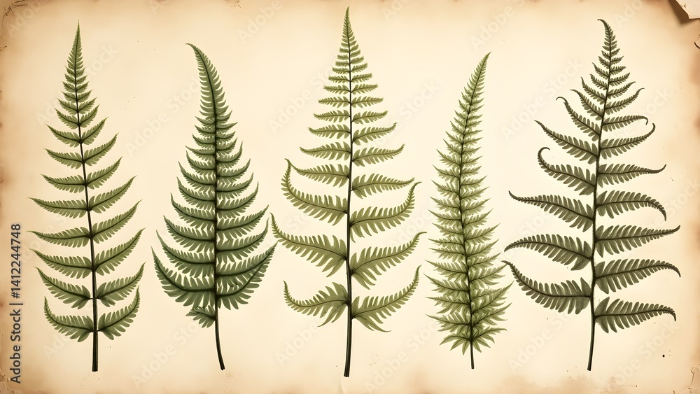 Naklejka premium Botanical Fern Illustrations: Vintage Style Prints on Textured Paper