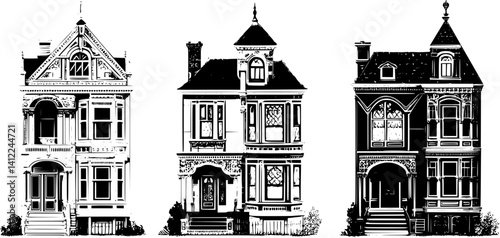 3 Pieces of Victorian style Villas designs, Victorian style Villas illustration art