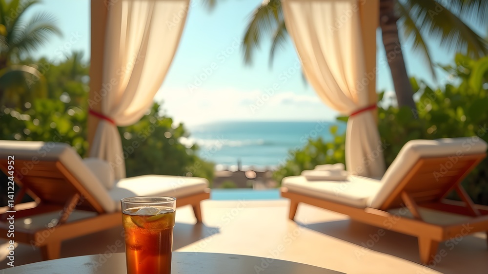 Obraz premium Refreshing tropical cocktail with scenic ocean view from luxurious resort with deck chairs on a sunny day