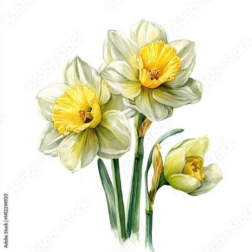 Beautiful Watercolor Illustration of Blooming Yellow Daffodil Flowers


