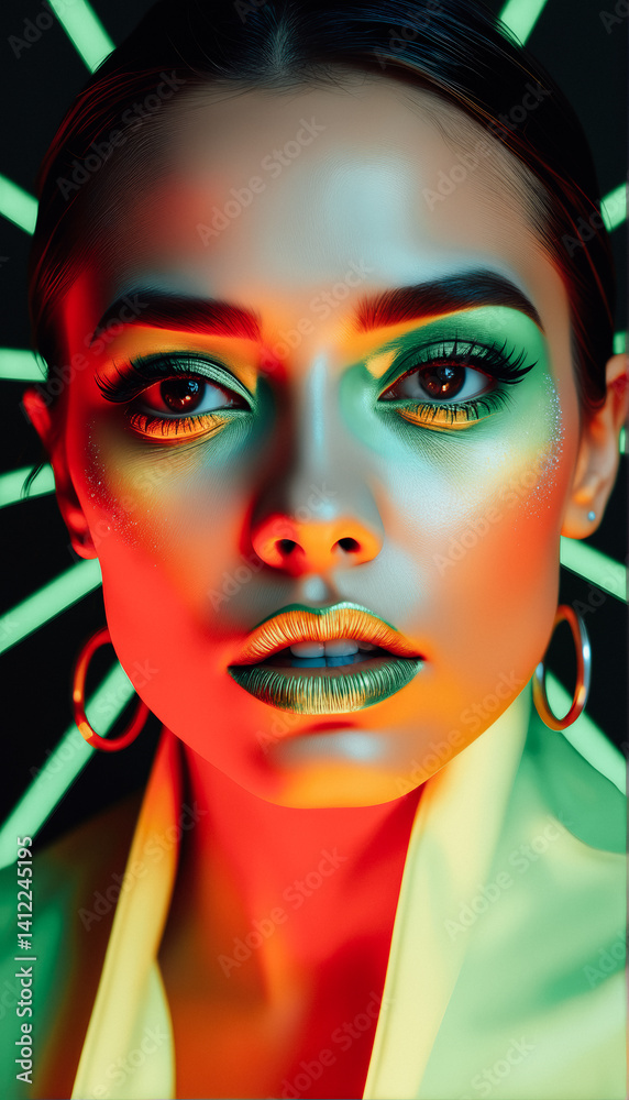 Close-up Vibrant Neon Portrait of Woman with Makeup