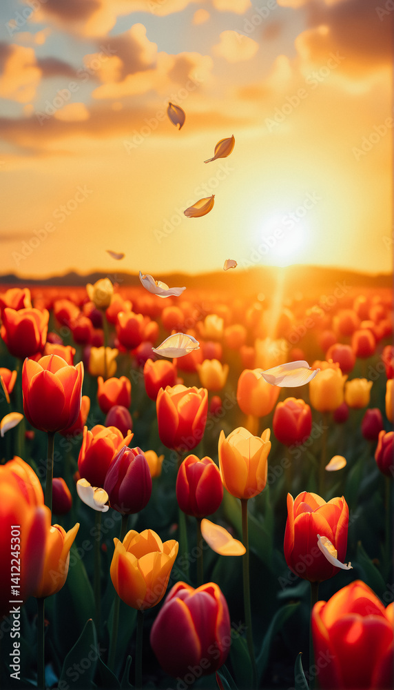Stunning Sunset Tulip Field with Falling Petals