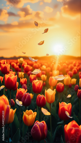 Obraz na płótnie Stunning Sunset Tulip Field with Falling Petals w salonie