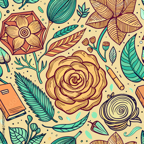 A vibrant garden of hand-drawn flowers, leaves, and books, bursting with life and creativity, in a warm, earthy palette.
